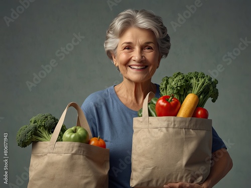 Smiling grandmother holding eco-friendly canvas bags © dasha122007