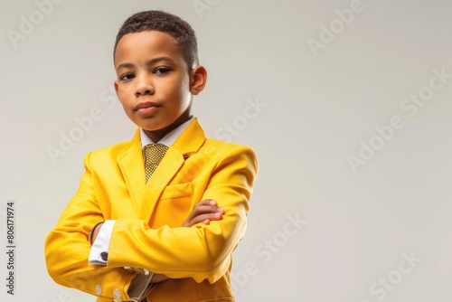 Young boy leader wearing yellow suit. Copy Space. Free Space. Elegant.