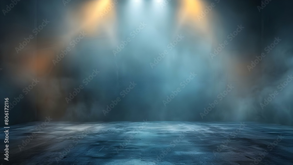 Enhancing Creative Visual Storytelling with Dramatic Spotlights in an Empty Dark Blue Room. Concept Creative Lighting, Visual Storytelling, Dramatic Spotlights, Dark Blue Room, Enhancing Photographs