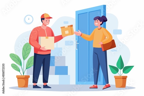 Courier gives box to customer.delivery services. Flat vector illustration. © ArtfuIInfusion769