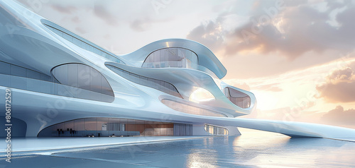Futuristic building, white, with a sleek and refined aesthetic. Generative AI.