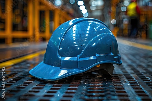 A blue hard hat sits on a metal floor. photo