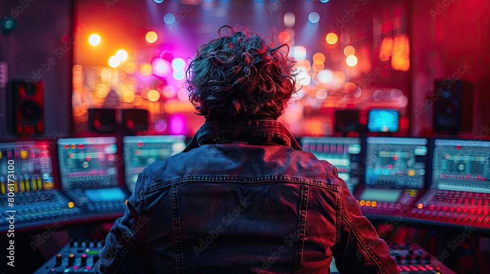 A music producer sits at a mixing console in a recording studio, with a stage with bright lights in the background. A music producer sits at a mixing console in a recording studio, with a stage with bright lights in the background.
