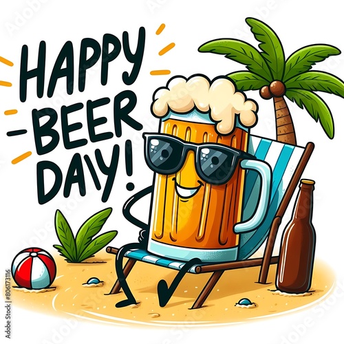 happy beer day a funny beer glass character chilling in the  beach