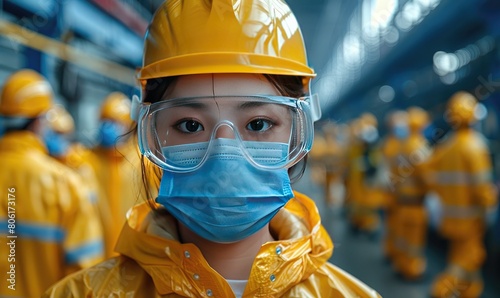 A woman wearing a hard hat, safety glasses, and a face mask. She is standing in a factory and looking at the camera. © Autaporn