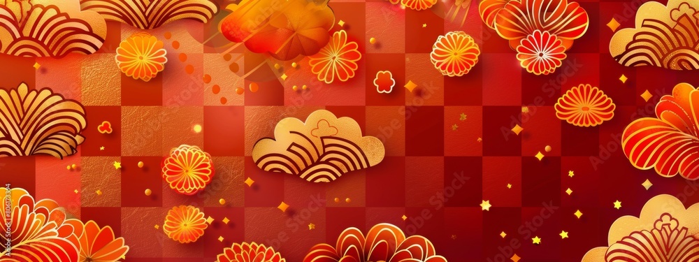 Red and orange checkered background with golden clouds, simple geometric shapes in the style of a Japanese pattern. A simple vector illustration of the New Year's Day festival.