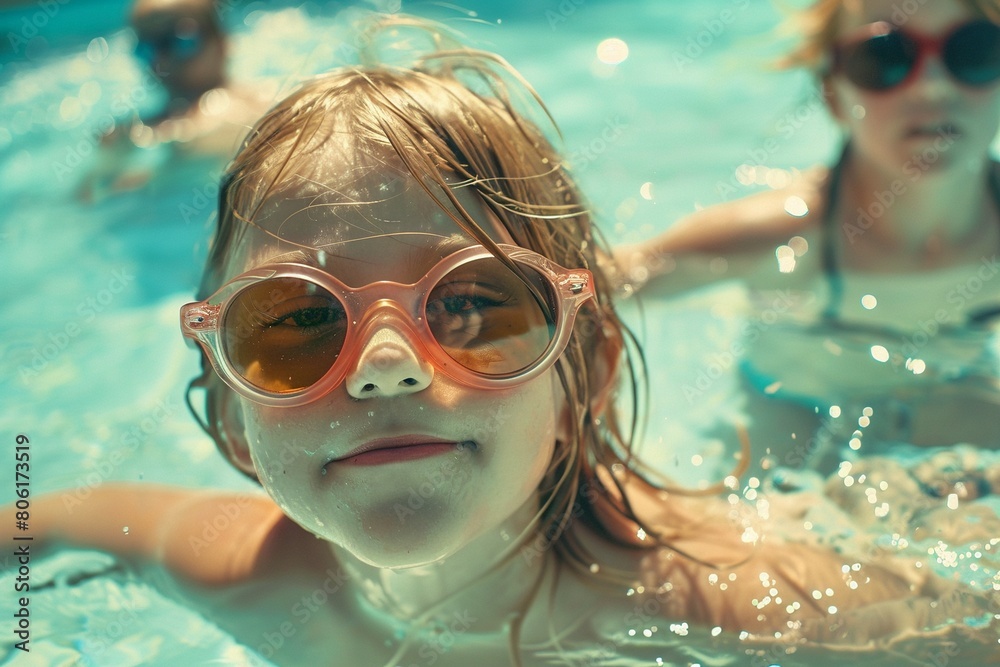 A young girl in pink sunglasses in the swimming pool. Summer vacation and fun