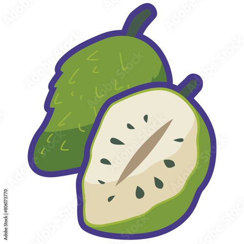 Soursop or graviola vector illustration, durian benggala or guyabano fruit, buah sirsak or prickly custard apple clip art, durian belanda or sirsat flat icon, durian eropa or durian makkah