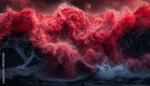 An intense and vibrant collision of red and navy waves, creating a dramatic spectacle that evokes the power and beauty of an ocean tempest. photo
