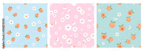 Seamless pattern of peach fruit with green leaves and cute flower on blue and green backgrounds. Seamless pattern with daisy flower on pink background vector.