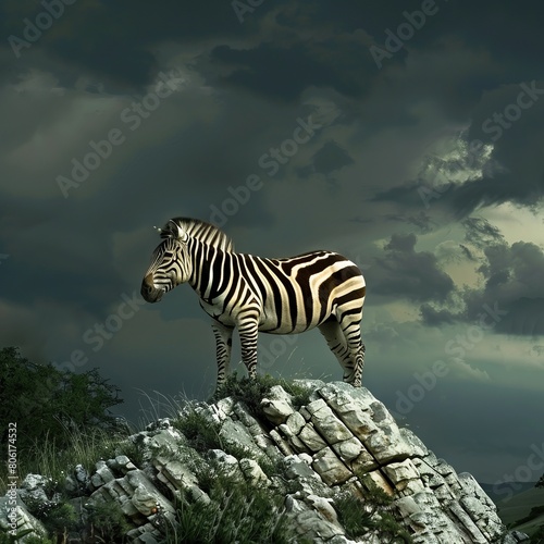 A zebra standing on top of a rock.