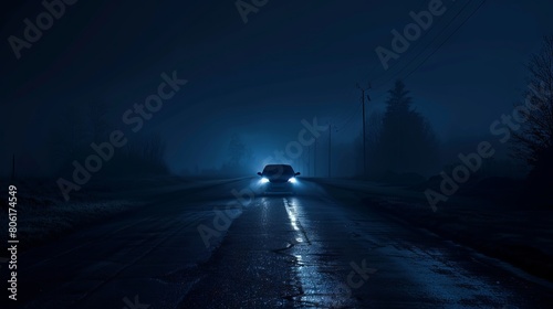 A car driving down a dark road at night.