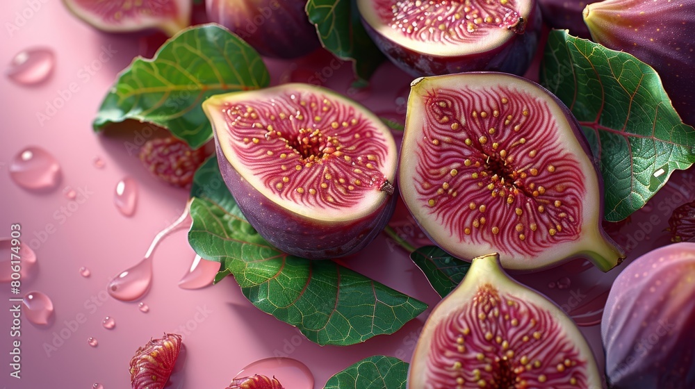 Ripe figs with leaves on a pink background. Generative AI. Ripe figs with leaves on a pink background. Generative AI.