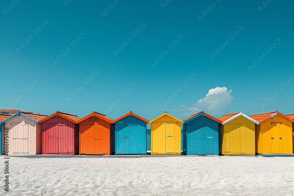 Colorful beach huts on a sunny day