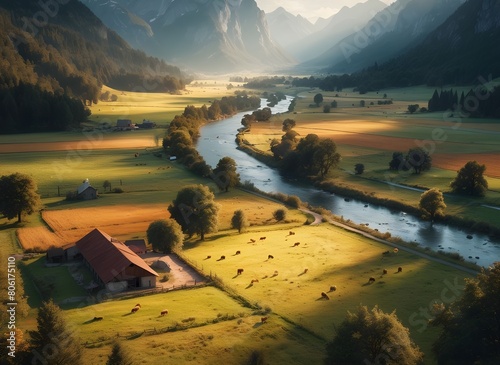 farm nestled in a valley surrounded by mountain's