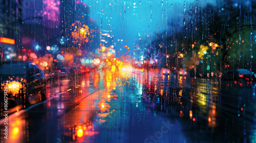 A rain shower transforms a city street into a canvas of reflected neon lights