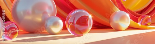 Create an image of a pink and orange abstract background with a series of glass and pearl spheres