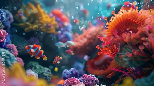 A beautiful and vibrant coral reef with a variety of fish swimming around. The water is crystal clear. photo