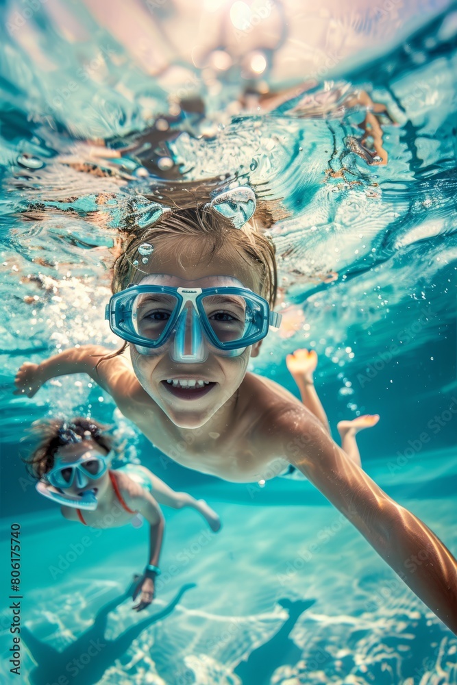 Naklejka premium A wide-angle underwater photograph captures the joy of two children swimming and exploring in a large pool. Equipped with masks 