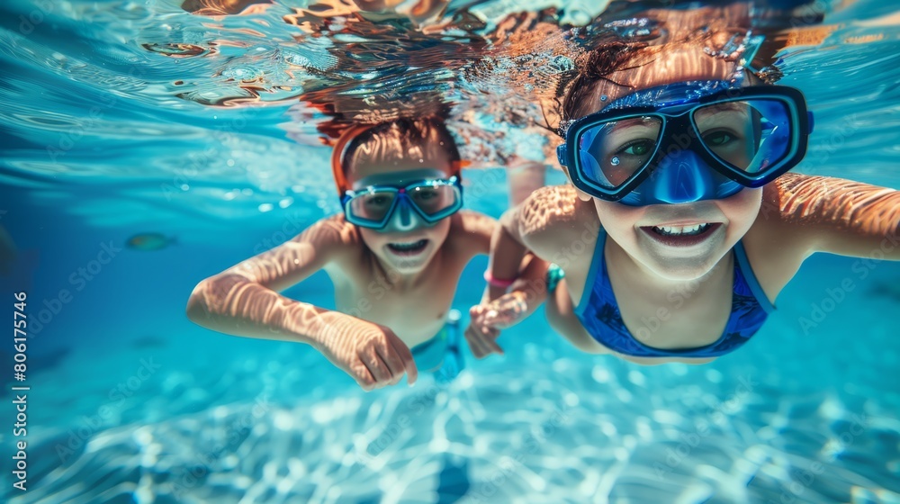 Naklejka premium A wide-angle underwater photograph captures the joy of two children swimming and exploring in a large pool. Equipped with masks 