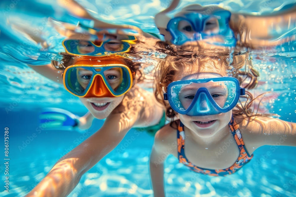 Naklejka premium A wide-angle underwater photograph captures the joy of two children swimming and exploring in a large pool. Equipped with masks 