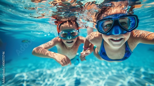 A wide-angle underwater photograph captures the joy of two children swimming and exploring in a large pool. Equipped with masks
