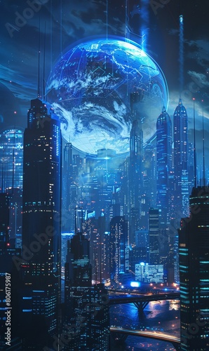 futuristic smart city with digital web network, future in cyberspace, technology sci-fi concept