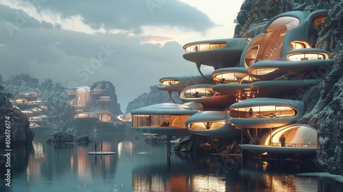 Design a futuristic lakeside villa with glass walls and curved architecture. The villa should be surrounded by a lake and have aPing Zhou Ting Kao Dian . photo