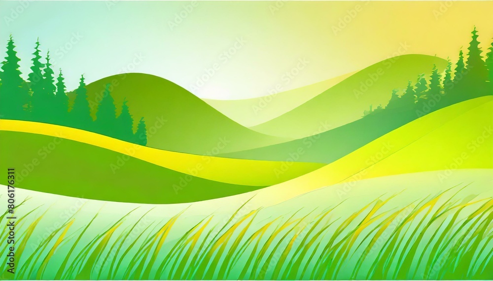 Obraz premium 真夏、草の香り、心地よい暑さ、森林をシンプルなグラデーションで表現する generated by AI