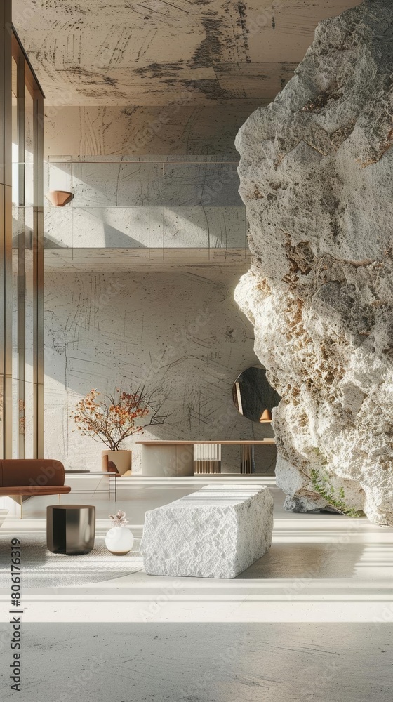 Obraz premium Interior of a modern cave-like home with stone walls and a large rock formation in the center. The space is furnished with minimalist furniture and decorated with a few plants.