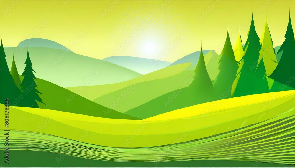 Obraz premium 真夏、草の香り、心地よい暑さ、森林をシンプルなグラデーションで表現する generated by AI