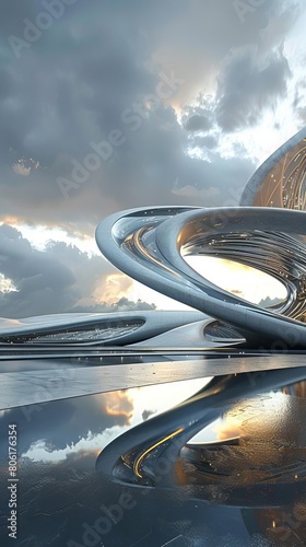 Photo of a futuristic city with a large, silver, metallic structure in the foreground