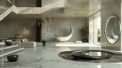 Design a modern living space that incorporates a curved marble wall with a hanging chair, marble floors, and a large round mirror. photo