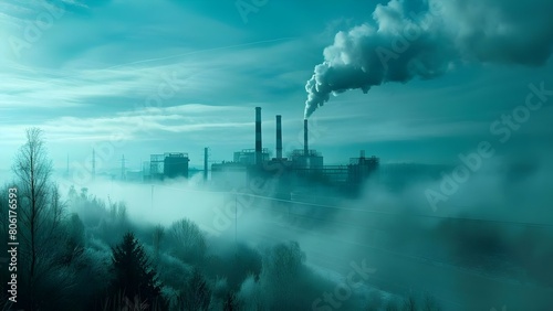 Effects of Factory Chimneys on the Environment: Carbon Emissions, Smog, and Damage. Concept Air Pollution, Climate Change, Health Impacts, Environmental Degradation, Regulatory Measures