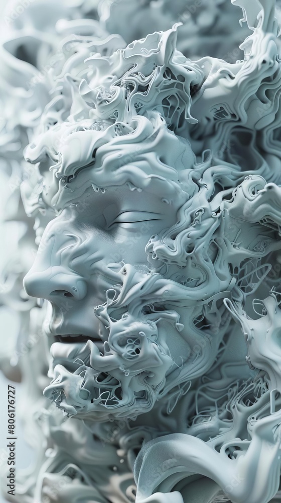 A detailed ing of a human face, made of intricate white and gray swirls A detailed ing of a human face, made of intricate white and gray swirls