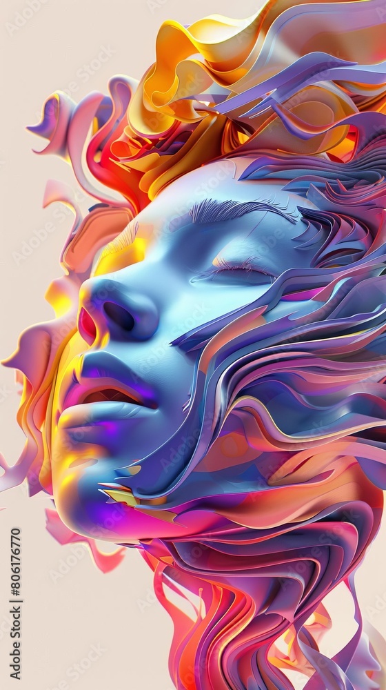 An abstract portrait of a woman's face rendered in 3D with vibrant colors and a painterly style.