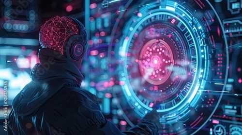 A figure with a glowing brain helmet examines intricate data patterns within a futuristic control panel environment.