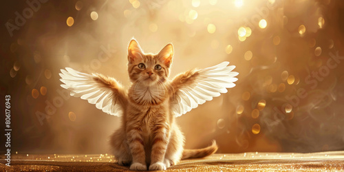 Cat with wings like an angel, deceased cat, golden particles, background for mourning card photo