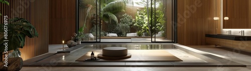A beautiful bathroom with a large bathtub, stone tiles, and a view of a tropical garden.