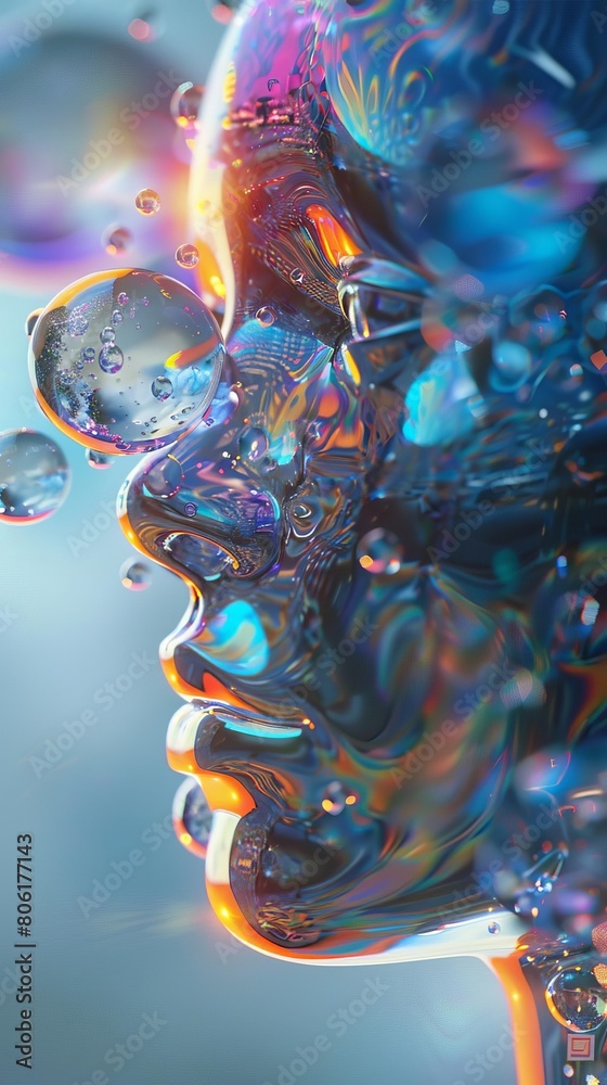 An iridescent, abstract portrait of a woman's face made of glass with bubbles floating around her. An iridescent, abstract portrait of a woman's face made of glass with bubbles floating around her.