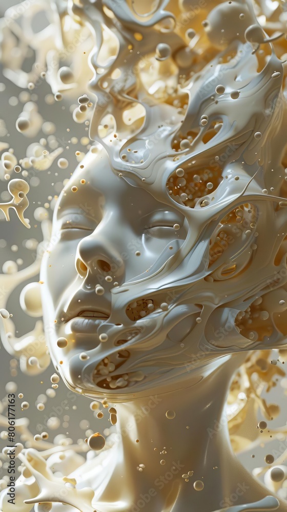 Obraz premium Create an image of a woman's face made of thick white liquid, with bubbles.