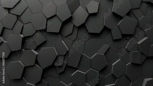 Textured black geometric pattern with a 3D effect for a modern and artistic background,Abstract dark hexagon geometry background, simple primitives with six angles in front