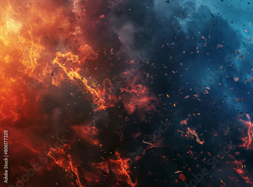 A realistic illustration depicting an explosion, ash, smoke, fragments, Sparks of fire. Realistic military-themed background. banner with space for text.