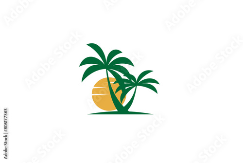 Vector illustration of a palm tree on a background of the sun in a minimalist style