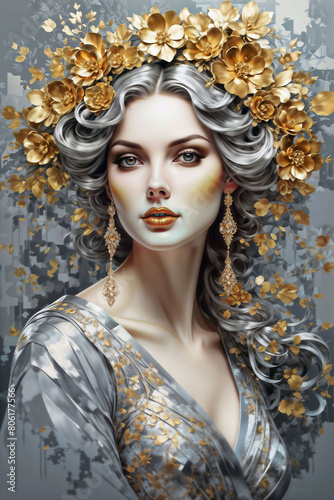 Abstract artwork of a woman with golden flowers in her hair - Generative AI