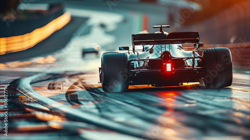 A race car speeding around a corner on a track, copy space. Generative AI.