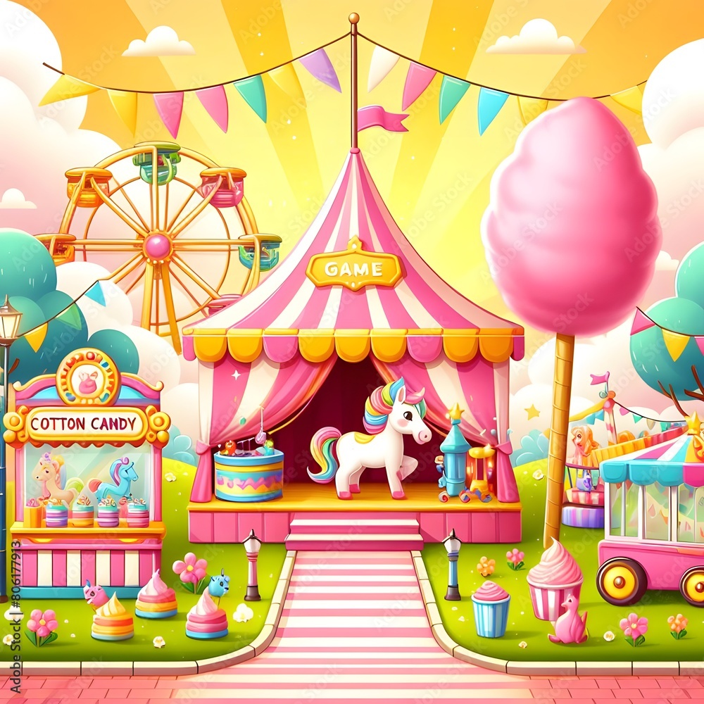 A bright and cheerful spring carnival with rides, games and candy canes stands under a clear sky, with swings and shops.
