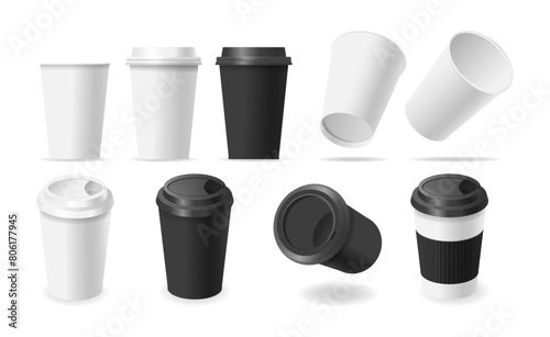 Set Of Paper Coffee Cups In White And Black. Different Designs For Takeaway Beverages. Disposable Package Collection