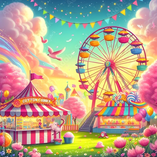 A bright and cheerful spring carnival with rides, games and cotton candy stands under a bright sky, with swings spinning and cartoon children playing and watching.