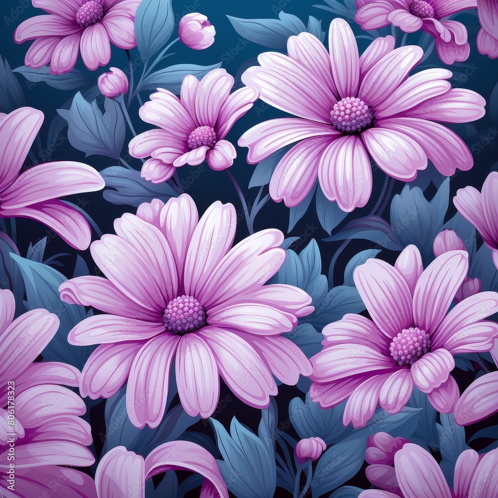 Pink and purple flowers of different sizes are scattered on a dark blue background with green leaves. Pink and purple flowers of different sizes are scattered on a dark blue background with green leaves.